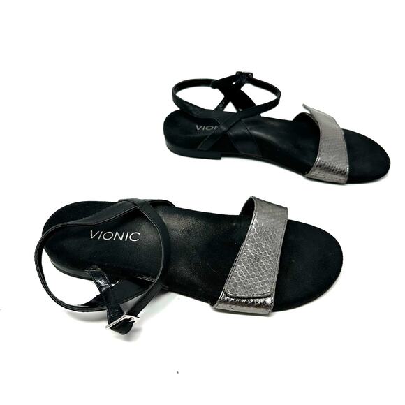 Vionic Size 8 Sandals Black Silver Flat Strappy Adjustable‎ Width Summer Beach - Picture 3 of 9